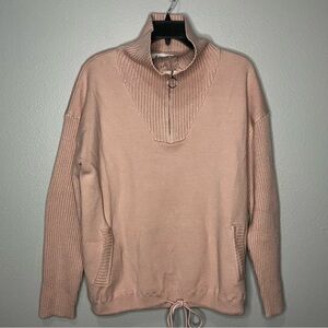Anrabess 1/4 Zip High Neck Sweater Women‎ Large Pink Ribbed Tie Waist Pockets